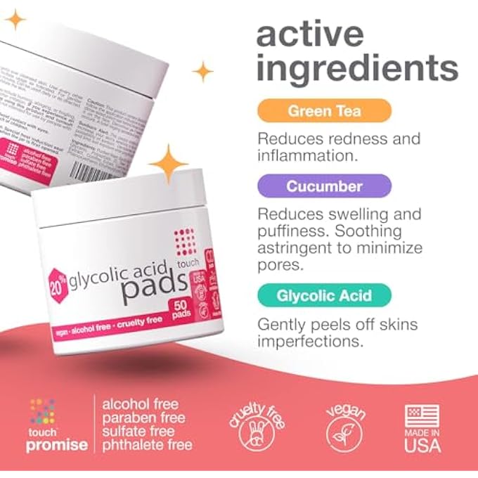 Touch 20% GLYCOLIC ACID PADS EXFOLIATING AND RESURFACING AHA PEEL FACE WIPES - BEST FOR: ANTI-AGING, DULLNESS, PORES, ACNE SCARS, FINE WRINKLES, UNEVEN SKIN TONE & TEXTURE, HYPERPIGMENTATION, 50 COUNT - Image 2